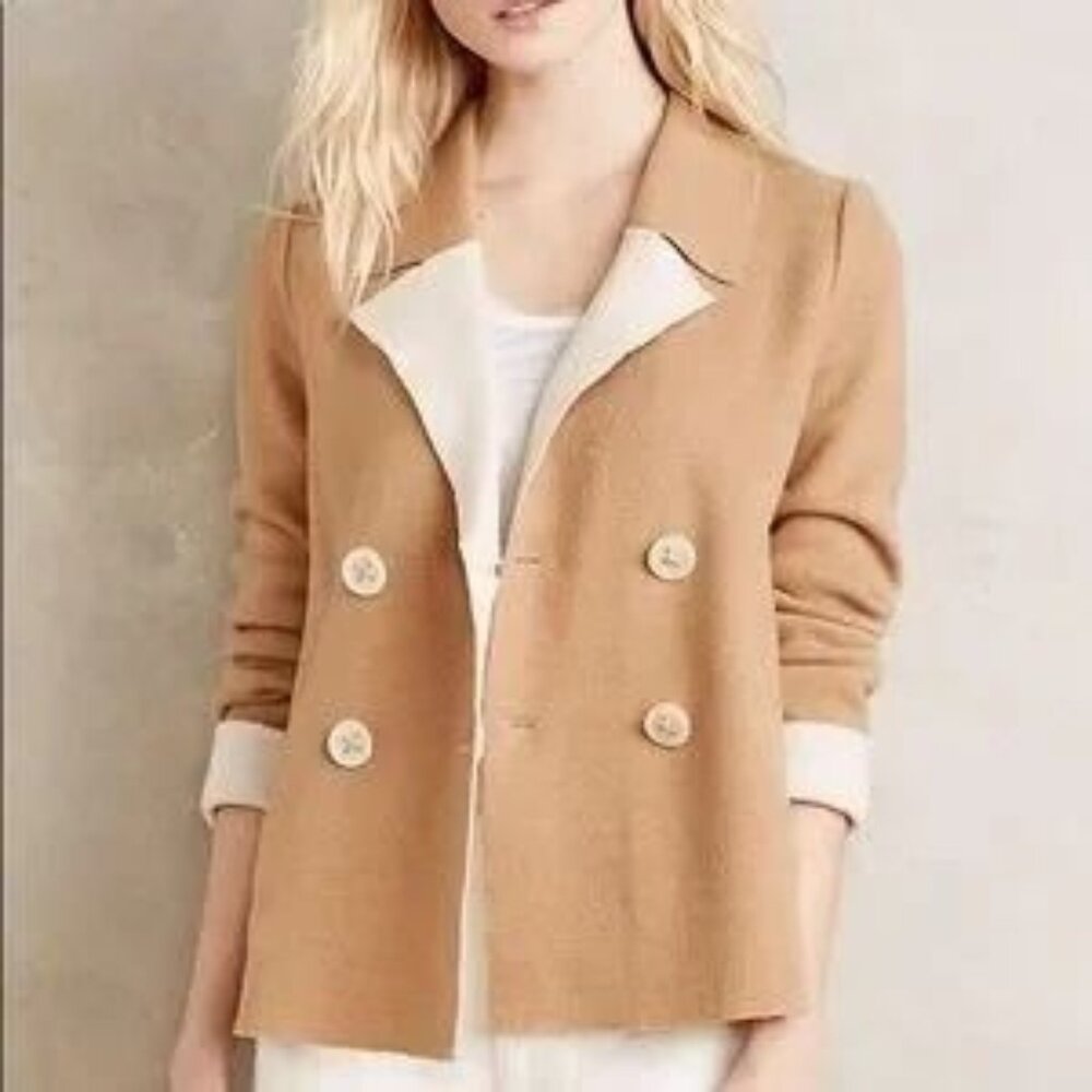 Anthro HWR Womens Tan Double-Breasted Sweater Wool Blend Jacket, Size S